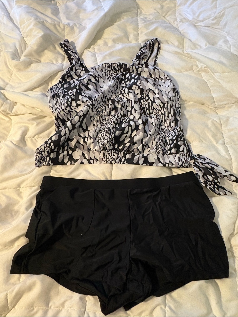 Black & White Printed Tie-Side Cropped Swim Tank Top& Bottom NEW with Pockets!!